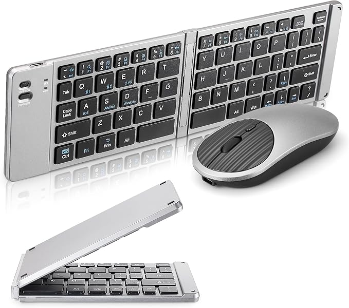 Mini Rechargeable Foldable Bluetooth Keyboard and Mouse Combo, Portable (Sync Up to 3 Devices), Ultra-Slim Travel Folding Keyboard for iPhone iPad Mac Android Windows iOS(Grey)