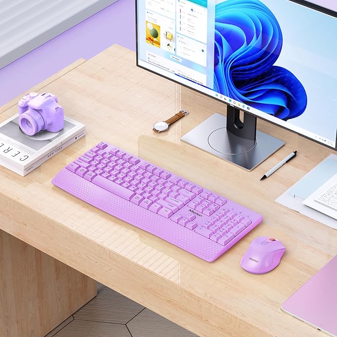 MEETION Wireless Keyboard and Mouse, Full-Sized Cordless Keyboard with Wrist Rest and 3 DPI Adjustable Mouse, 2.4G Wireless, Purple, for PC/Computer/Laptop/Windows/Mac