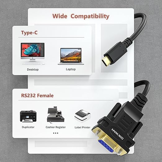 USB-C to RS232 DB9 9pin Female Serial Cable Converter Adapter with FTDI Chipset for Windows 11,10, 8.1, 8, 7, Vista, XP, 2000, Linux and Mac OS X 10.6 (10ft)