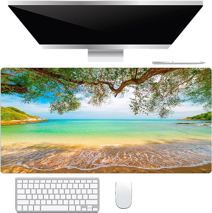 EOBTAIN Beach Mouse Pad Nature Large Extended Gaming Mouse and Keyboard Pad 31.5x15.7 Inch Non-Slip Rubber Extended XXL Mousepad for Office Laptop Computer and Home Desk Mat with Stitched Edges