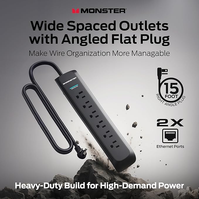 Monster Surge Protector Power Strip, 6 Outlets, 120V, 15A, 15 ft Cord with Right Angle Plug, Type A/B Plug, 300 Joules, On/Off Switch, Black