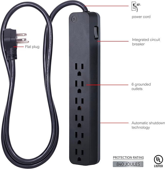 GE 6-Outlet Surge Protector, 6 Ft Extension Cord, 1080 Joules, Power Strip, Flat Plug, Integrated Circuit Breaker, Wall Mount, ETL Listed, Black, 37211