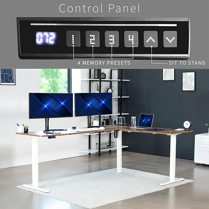 VIVO Corner Standing Desk, 84 x 63 inch Reversible L-Shaped Workstation, Electric Height Adjustment, Home, Office, and Reception Rooms, Rustic Vintage Brown Table Top White Frame, DESK-E3CTWN-84