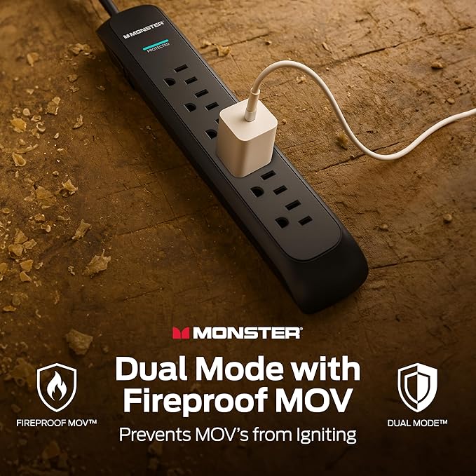 Monster Surge Protector Power Strip, 6 Outlets, 120V, 15A, 15 ft Cord with Right Angle Plug, Type A/B Plug, 300 Joules, On/Off Switch, Black