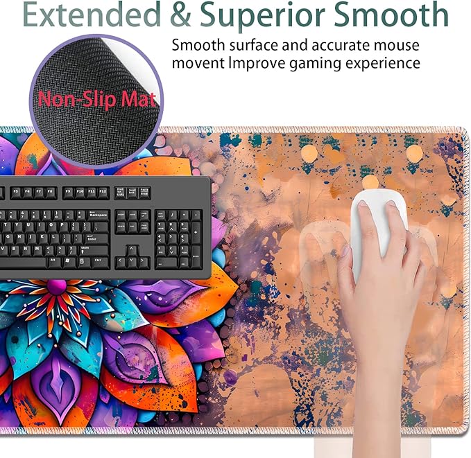 Large Gaming Mouse Pad + Keyboard Wrist Rest + Wrist Support + Coaster Set, Memory Foam Ergonomic for Easy Typing, XXL Extended Gaming Mouse Pad Table Pad - Mandala Flower