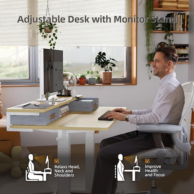 Seang Electric Standing Desk with 2 Drawers, Adjustable Standing Desk with Storage Shelf, Height Adjustable Stand up Desk for Home Office with 3 Presets & 2 Hooks,55 Inch, Natural