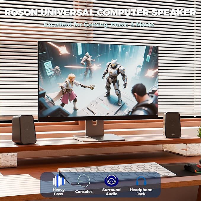 ROSON Computer Speaker, Compact Size Speaker with Headphone Jack, Enhanced Bass and Volume Control, Stereo 2.0 USB Powered 3.5mm Aux Multimedia Speakers for Laptop/Desktop/Tablets/Phone