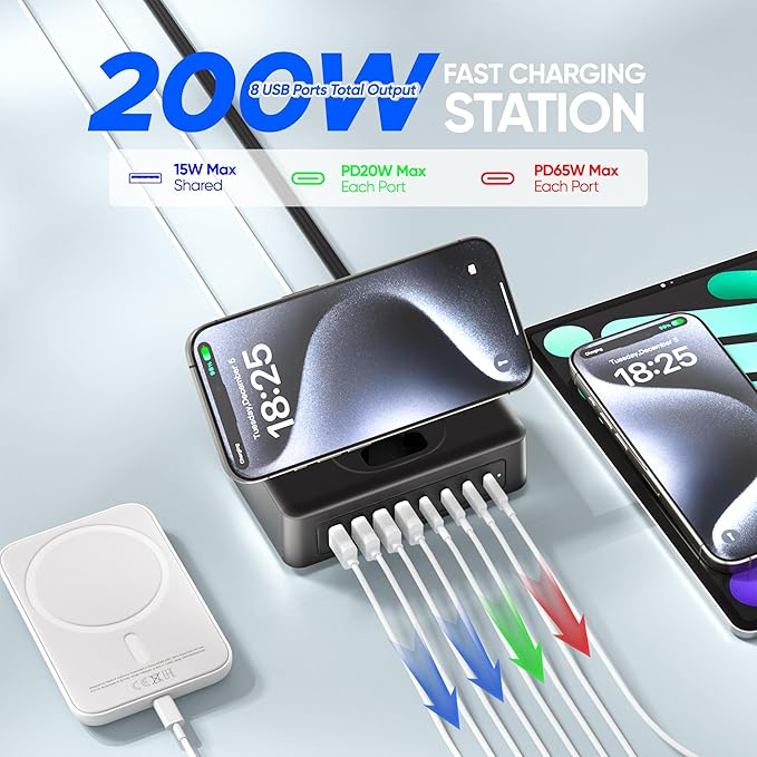 200W USB Charging Station, 11-in-1 USB C Power Strip Surge Protector, 2AC Outlets & 8USB Ports, 5ft Flat Plug Extension Cord with Multiple Devices, Desktop Charger for Home Office Desk Accessories