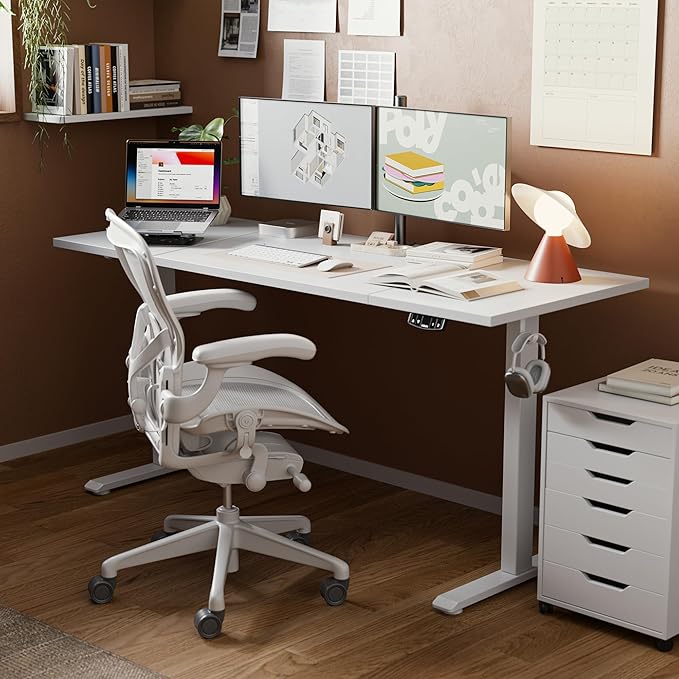 Agilestic Electric Standing Desk, 63 x 24 Inches Height Adjustable Desk, Sit Stand up Desk for Work Office Home, Splice Board, White