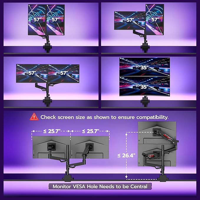 ARES WING Premium Monitor Arm, Ultrawide Monitor Stand up to 57'' and 60 Lbs per Screen, Heavy Duty Gas Sprinq Dual Monitor Mount Adjustable Arms, Various VESA Mount with Clamp/Grommet Base