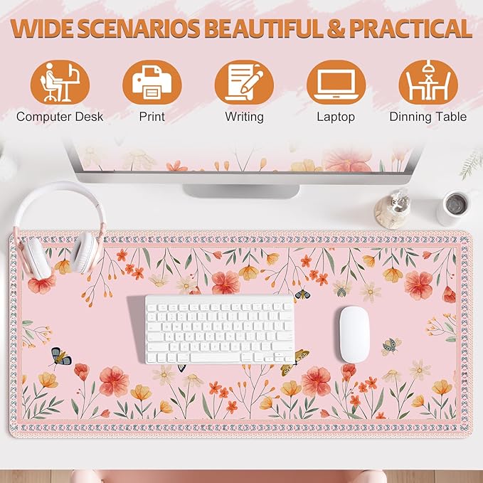 Desk Pad for Keyboard and Mouse, Large Mouse Pad for Desk, Non-Slip Keyboard Mat, Computer Mats for Desk, Cute Desk Pad with Stitched Edges for Office, Gaming I Pink Butterflies Flowers