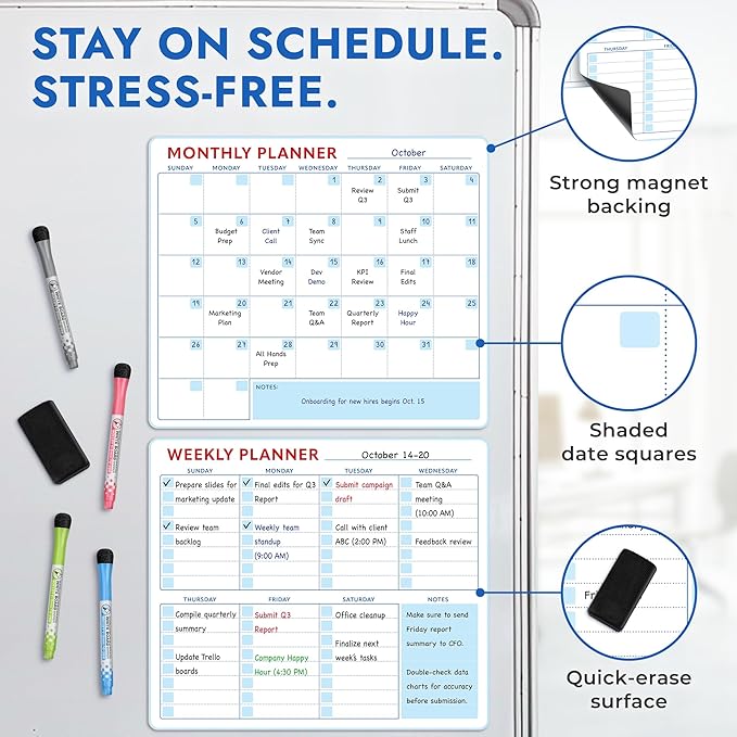 Magnetic Whiteboard Calendar for Fridge – 2-Pack Monthly & Weekly Planners (14”x12”) – Dry Erase Boards with Notes Section, Shaded Dates – Includes 4 Markers & Magnetic Eraser