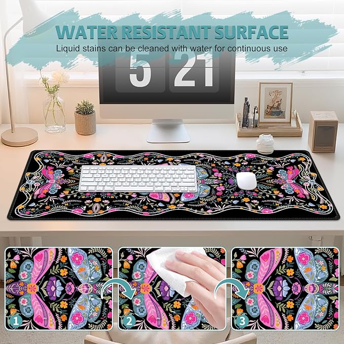 Desk Mat for Keyboard and Mouse, Large Non-Slip Mouse Pad Keyboard Pad, Computer Mats for Desktop, Cute Desk Pad with Stitched Edges for Office, Gaming I Black Colorful Folk Art