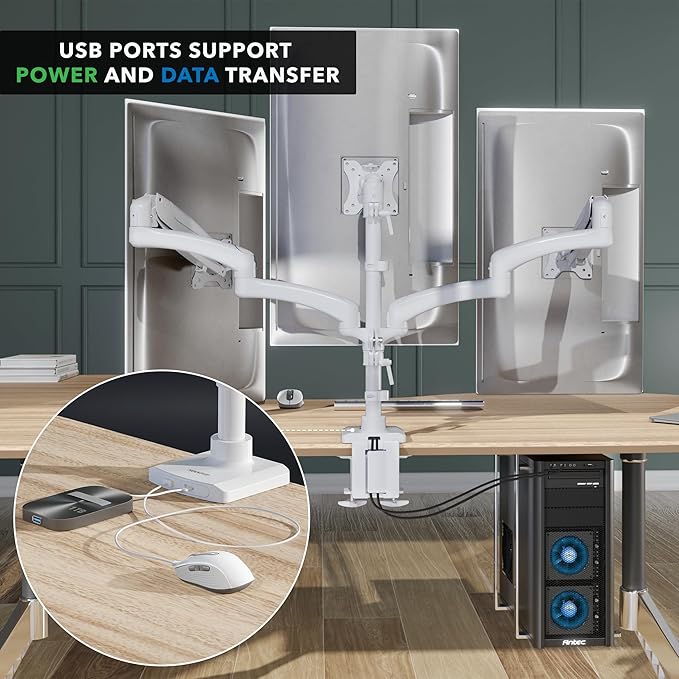 Mount-It! Triple Monitor Stand for Desk, 3 Arm Monitor Mount with Gas Spring Adjustment, Fits 13–32 Inch Screens up to 17.6 lbs per Arm, VESA 75 & 100, Clamp or Grommet Base, USB-C & A Ports, White