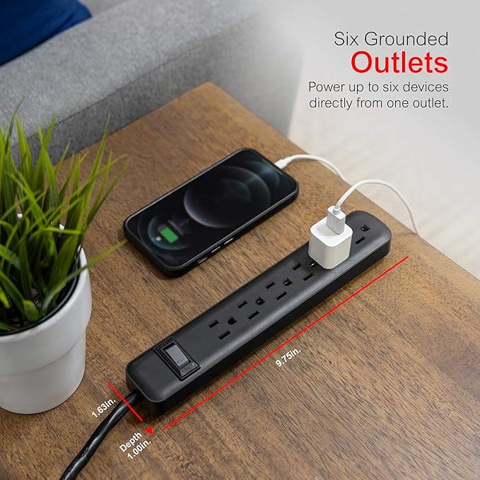 GE 6 Outlet Power Strip, 12 Ft Long Extension Cord, 3 Prong Outlets, UL Listed, Black, 45192
