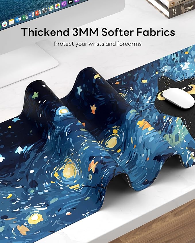 Starry Night Cat Mouse Pad, 31.5 x 11.8 Large Desk Mat with Stitched Edges & Non-Slip Base, Mousepad for Office, Home, Work