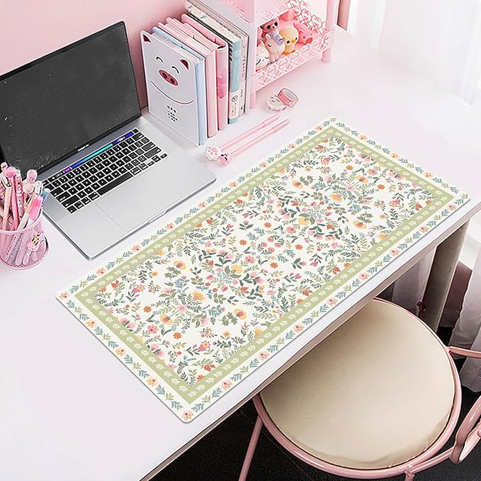 HVEST Cute Floral Mouse Pad, Sage Green Desk Mat,XXL Large Mouse Pad for Laptop Computer, Mousepad with Non-Slip Rubber Base and Stitched Edge for Game, Office, Home 31.5'' x 15.7''