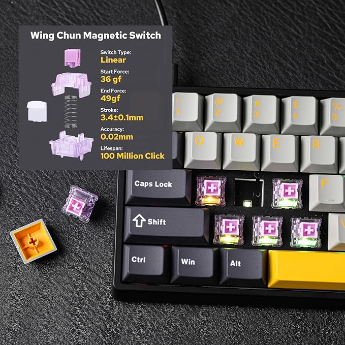 EPOMAKER Aula WIN60 HE 60% Wired Magnetic Keyboard with Adjustable Actuation, 8000 Hz Polling Rate, Hall Effect Switches, Hot-Swap, for FPS Games (Grey&Yellow)
