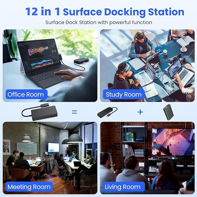 New Surface Dock Triple Displays 4K HDMI+DP+Thunderbolt 4, 12 in 1 Surface Pro Docking Station with 120W Power Adapter for Surface Pro 11/10/9/8/X/7/6/5/4/3, Surface Laptop, Surface Book Go
