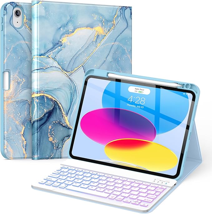 Soke for iPad (A16) 11th/10th Generation Case with Keyboard(2025/2022)-7 Color Backlight Wireless Detachable Folio Keyboard Cover with Built-in Pencil Holder for iPad 11/10.9 inch, Ice Blue Marble