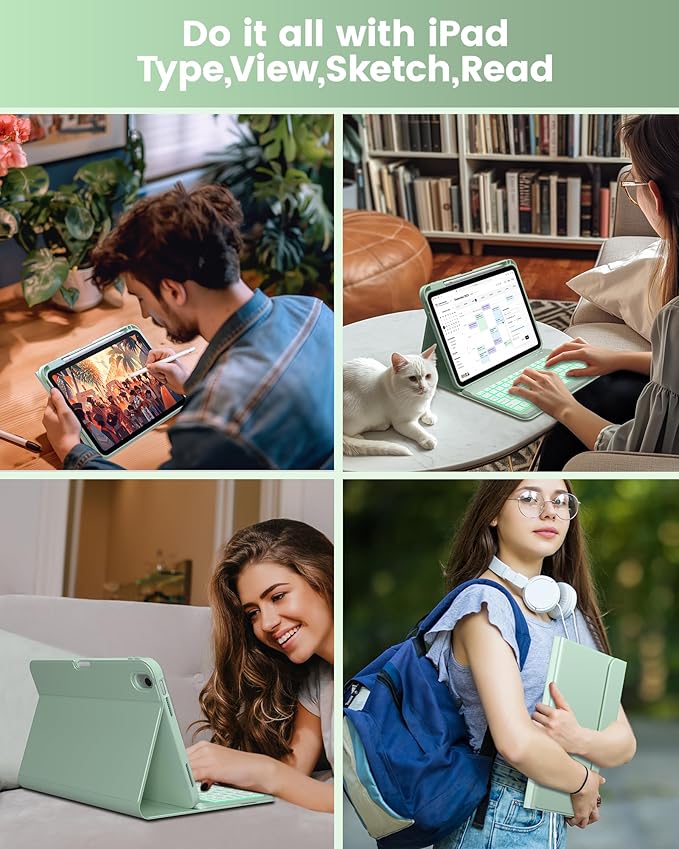 typecase Folio Keyboard Case for iPad 10th Gen 10.9 inch (2022) and iPad 11th (A16, 2025), Magnetic Wireless Detachable Keyboard, 7-Color Backlight, Thin & Light, Pencil Holder – Matcha Green