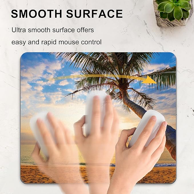 Summer Tropical Beach Mouse Pad Ocean Gold Sunrise Square Laptop Mousepad Custom Desk Aesthetic Computer Gaming Office Small Cute Palm Tree Portable Non-Slip Wireless Mat Washable Decor Accessories
