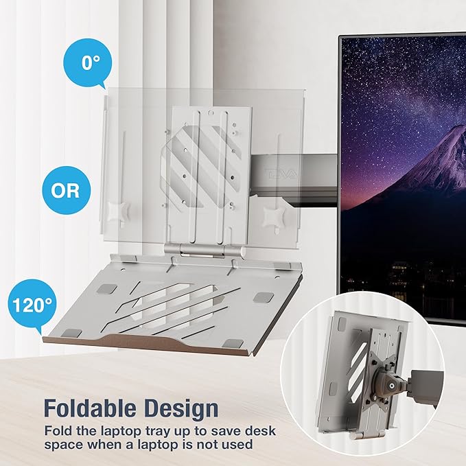 AVLT Adjustable Laptop Tray with Support for 120mm Fan Compatible with VESA 75x75 Monitor Arm - Fits Up to 17 Inch Laptop - Gray (Fan Not Included)