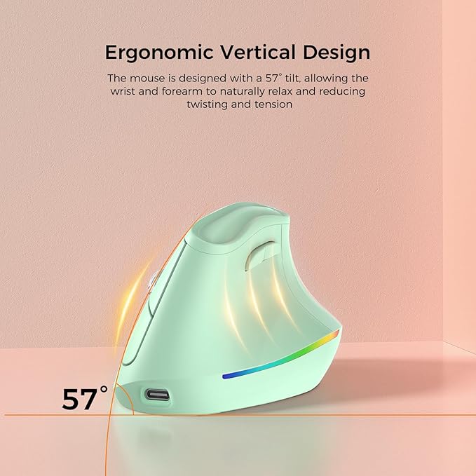 KYSONA 57° Wireless Ergonomic Mouse, Vertical Mouse, Carpal Tunnel Mouse, RGB Light, Rechargeable, Bluetooth & 2.4G, 5-Level DPI Adjustment, Quiet Click Ergo Mice Compatible with PC/Laptop/Mac, Green