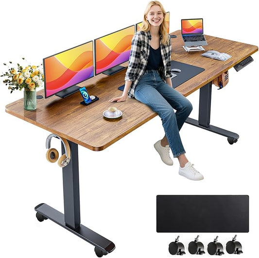 farexon Electric Standing Desk Adjustable Height, 63x24 Inches Computer Gaming Desk with Rolling Wheels, Mouse Pad,Multifunctional Stand up Desk for Home/Office(Brown)