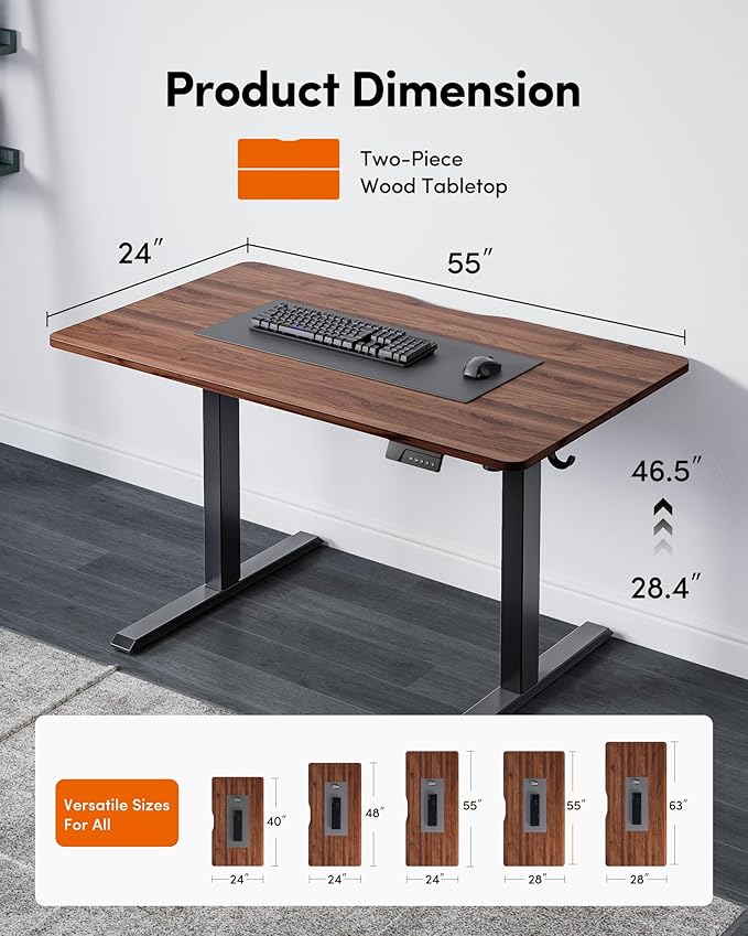 FEZIBO Electric Standing Desk Adjustable Height, 55 x 24 Inch Sit and Stand Desk, Home Office Desk, Ergonomic Workstation Computer Desk, Black Walnut