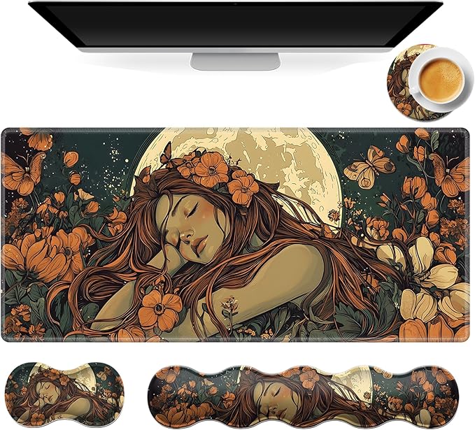Gaming Mouse Pad Set, Moonlight Girl Large Desk Mat Mousepad, Keyboard Wrist Support, Mouse Wrist Rest, Coaster 4in1 Ergonomic Memory Foam, Non-Slip Stitched Edge for Home Office