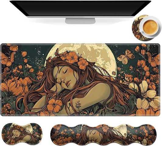 Gaming Mouse Pad Set, Moonlight Girl Large Desk Mat Mousepad, Keyboard Wrist Support, Mouse Wrist Rest, Coaster 4in1 Ergonomic Memory Foam, Non-Slip Stitched Edge for Home Office