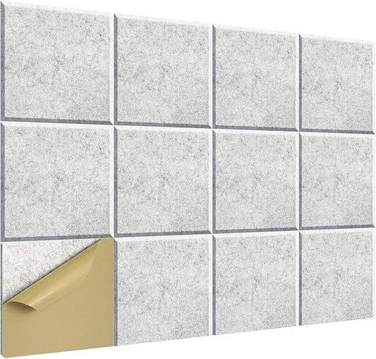12 Pack Acoustic Panel Self-Adhesive, 12" X 12" X 0.4"High Density Square Sound Proof Padding, Sound proof Insulation Beveled Edge Wall Tiles(Silver Grey)