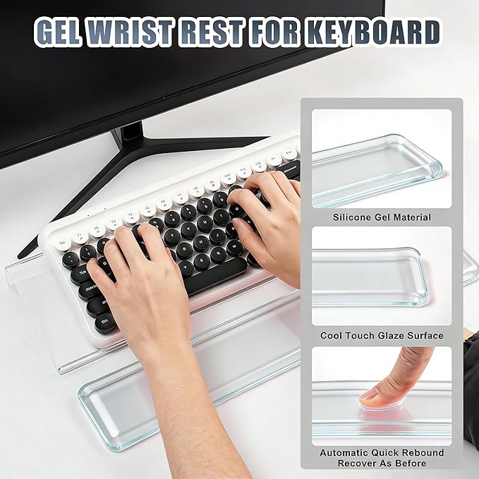 Acrylic Computer Keyboard Stand with Gel Wrist Rest Set,Ergonomic Keyboard Riser for Desk Easy Typing with Gel Keyboard Pad, Anti-Slip Comfort Keyboard Wrist Pad Relief Pain (Clear)