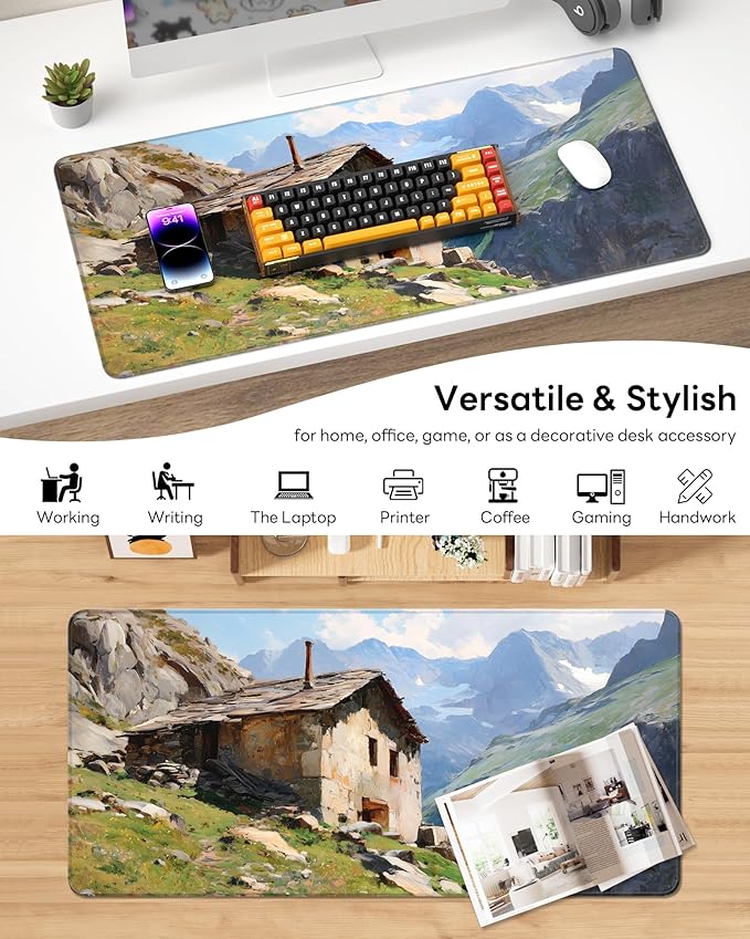 XL Gaming Mouse Pad, 31.5x15.7'' Large Desk Mat with Anti-Slip Rubber Base & Stitched Edges for Gaming, Office, Home, Oil-Painted