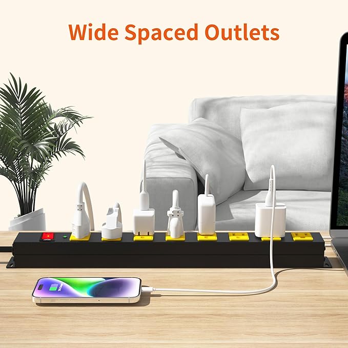 8 Outlet Power Strip 2100J Surge Protector, 8FT Heavy Duty Extension Cord Wide Spaced Outlet and Wall Mount Metal Powerstrip for Home Office Garage Workshop