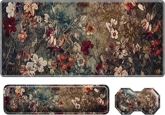 3Pcs Mouse Pad Set, Dark Art Flowers Large Gaming Mouse Pad with Stitched Edge, Ergonomic Memory Foam Keyboard Wrist Support and Mouse Wrist Rest Cushion, Pain Relief Non-Slip Desk Pad Combo