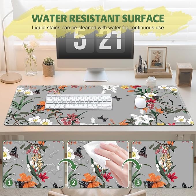 Desk Pad for Keyboard and Mouse, Large Mouse Pad for Desk, Non-Slip Keyboard Mat, Computer Mats for Desk, Desk Pad with Stitched Edges for Office, Gaming I Gray Wild Grass Flowers