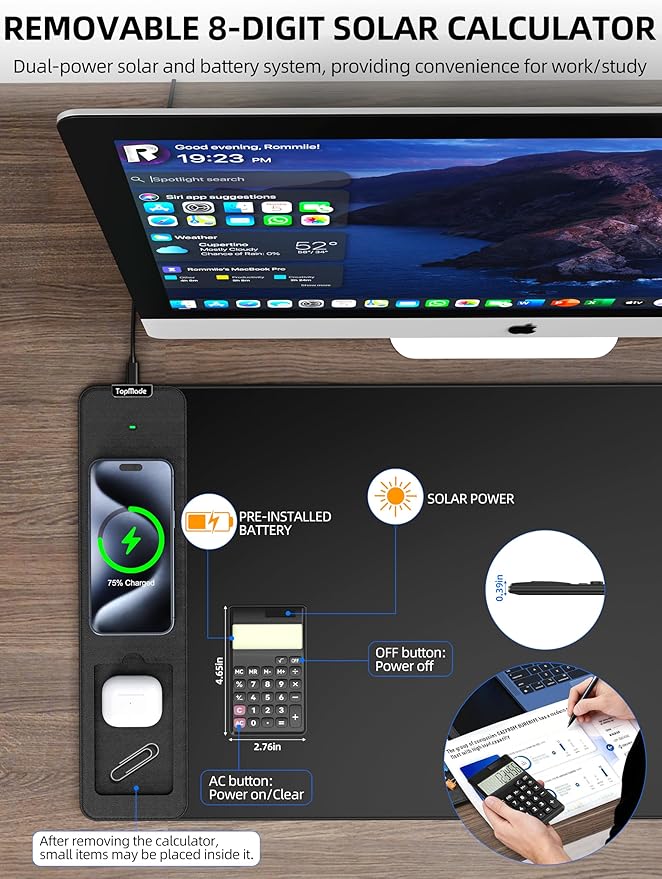 TopMade Mouse Pad with 15W Wireless Charging, Removable 8-Digit Solar Calculator, 31.5" x 15.75" XXL Large Desk Pad, Gaming Computer Keyboard Pad, Waterproof Mousepad Home Office Desk Mat, Black