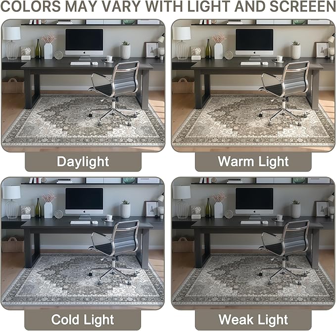 36"x60" Office Chair Mat for Hardwood Tile Floor, Under Desk Carpet Protector for Rolling Computer Chair Mat, Machine Washable Area Rug, Anti-Slip 1/5" Thick Low Pile Thin Vinyl Floor Mat, Tawny Grey