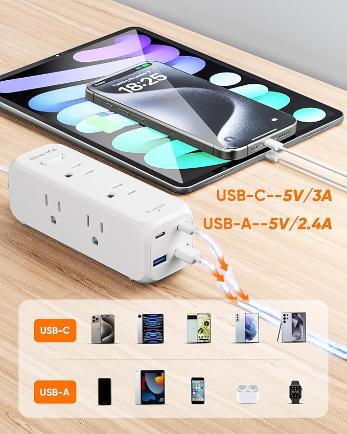 Flat Plug Power Strip with 6 AC Outlets 4 USB Ports, 2000 Joules Surge Protector, 3FT Flat Extension Cord, Home Office Travel Dorm Room Essentials