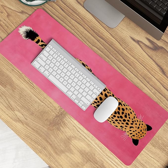 Pink Boho Cheetah Decor Desk Mat,XL Large Bold Leopard Animal Mouse Pad,Vibrant Retro Pop Art Cat Mousepad for Home Office Dorm Desktop Decor,31.5x11.8 Inch