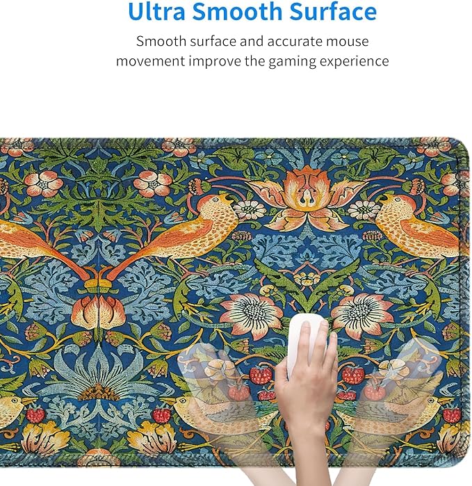 William Morris Mouse Pad, Large the Strawberry Thief Desk Mat with Famous Flower-and-Bird Art, Micro-Woven Fabric and Sewn Edge, for Office and Laptop Use, 31.5 x 11.8 Inches
