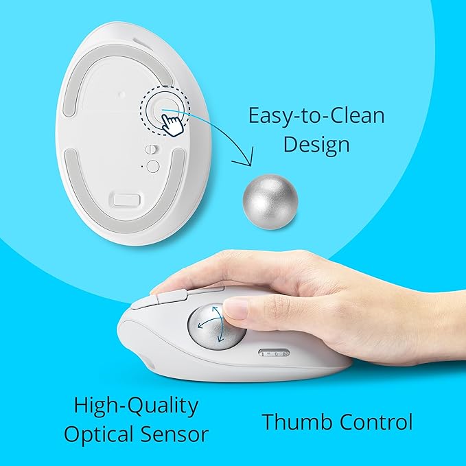 Kensington TB550 Wireless Trackball Mouse, Rechargeable Battery, Bluetooth(LE) & 2.4GHz Wireless Connections, Ergonomic Design, 4D Scroll Wheel, 128-bit AES Encryption, White-Silver (K72180WWVN)