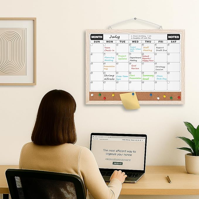 Monthly Calendar Dry Erase Board 16x12 Inch, Double-Sided Whiteboard and Corkboard Combo with White MDF Frame, Wall Mounted Planner Organizer with Markers, Magnets, Push Pins, Eraser