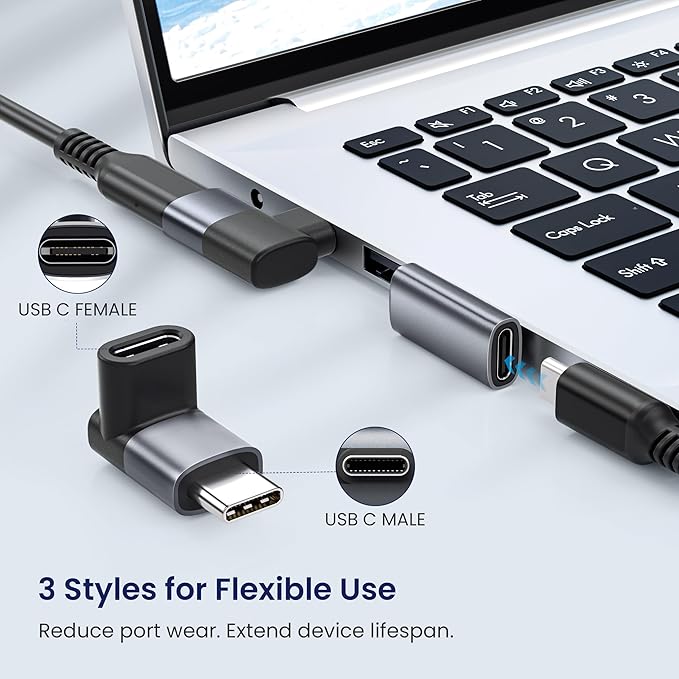 Basesailor USB C 90 Degree Adapter 3Pack,100W Right Angle Extender,Type C Male to USBC Female Connector,40Gbps USB4 Thunderbolt 4 3 Extension Converter for iPhone 17 17e 16,MacBook,Steam,Switch,Laptop