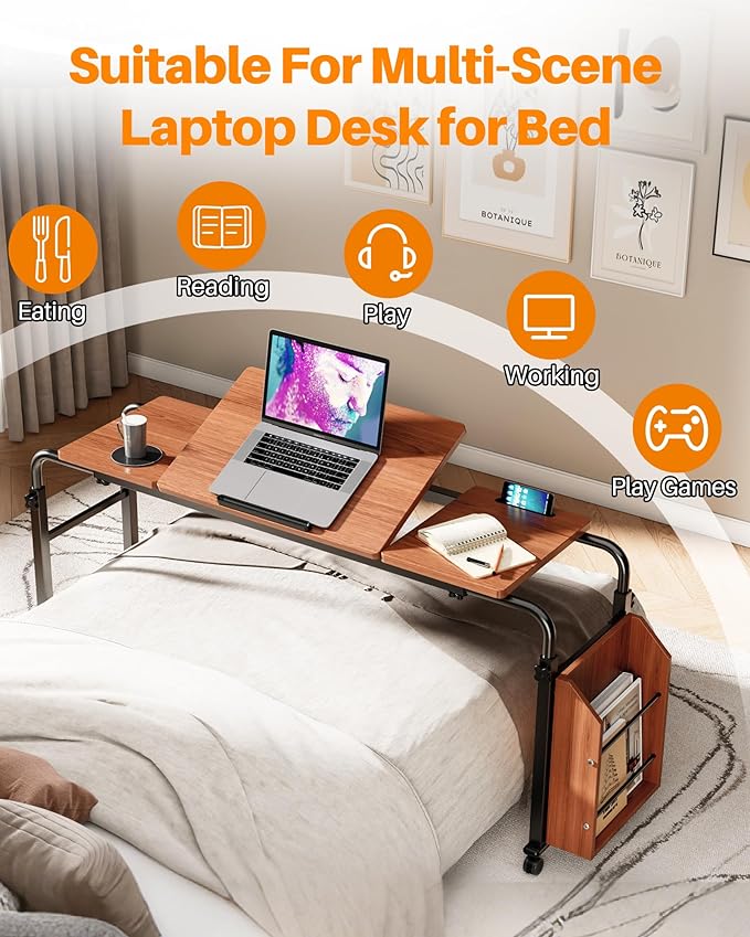 Laptop Desk for Bed,6-Angle Adjustable Overbed Table with Wheels,Adjustable Height and Length Bed Table for Laptop with Side Bookshelf,Standing Desk,Over Bed Desk for Working Hospital Home (Oaken)