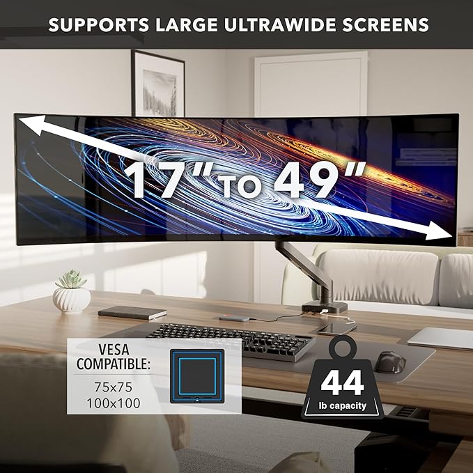 Mount-It! Proflex Series Heavy-Duty Monitor Desk Mount, Fits 17–49” Ultrawide Curved Screens, Full Motion Gas Spring Arm, 44 lbs Capacity, USB-C & USB 3.0 Ports, VESA 75/100, Clamp or Grommet Base
