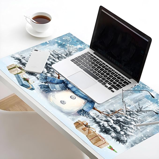HVEST Cute Christmas Gaming Mouse Pad for Desk, Xmas Tree Snowman Snowflake Desk Mat XL,Large Keyboard and Mouse Pad with Non-Slip Rubber Base and Stitched Edge for Game, Office, Home 31.5'' x 15.7''