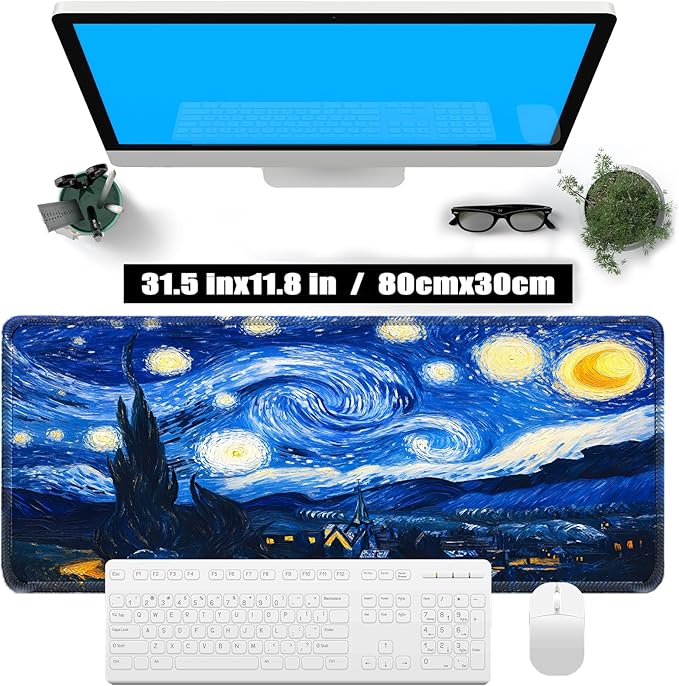 Van Gogh cat Starry Night Mouse Pad, Large Gaming Mouse Mat (31.5x11.8in), Micro-Woven Cloth Surface, Non-Slip Rubber Base, Machine Washable, for Office & Home